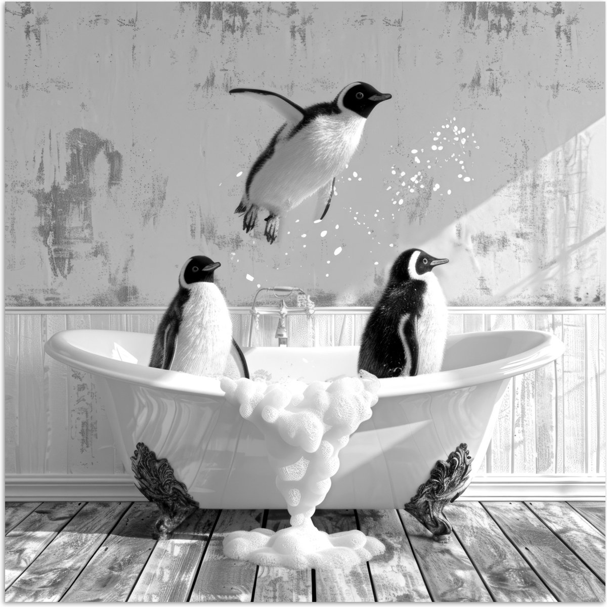 Poster 75x75 cm - Pinguïns - Vintage - Dieren - Zwart - Wit - Posters - Wanddecoratie badk
