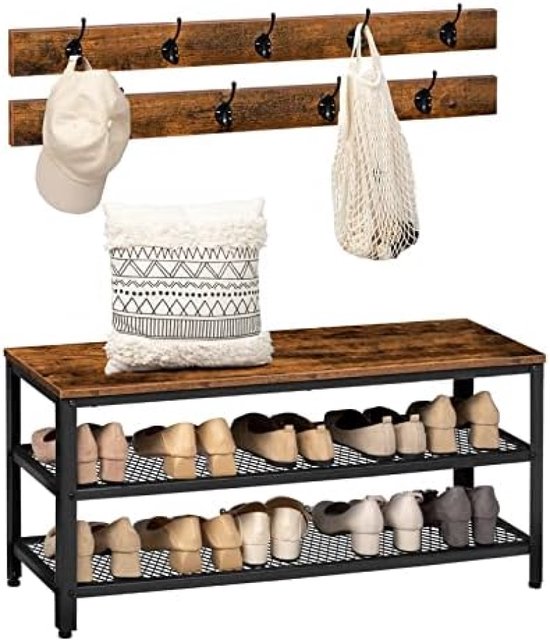 Kapstok met 9 Haken en Schoenenrek - 70x32x175cm - Zwart en Vintage bruin | Leen Bakker