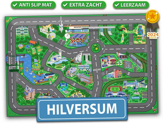 Auto Speelkleed van Hilversum - Wasbaar Vloerkleed 100 x 150 cm - Anti Slip - Speelmat voor Baby en Kinderkamer, Woonkamer en voor Binnen & Buiten