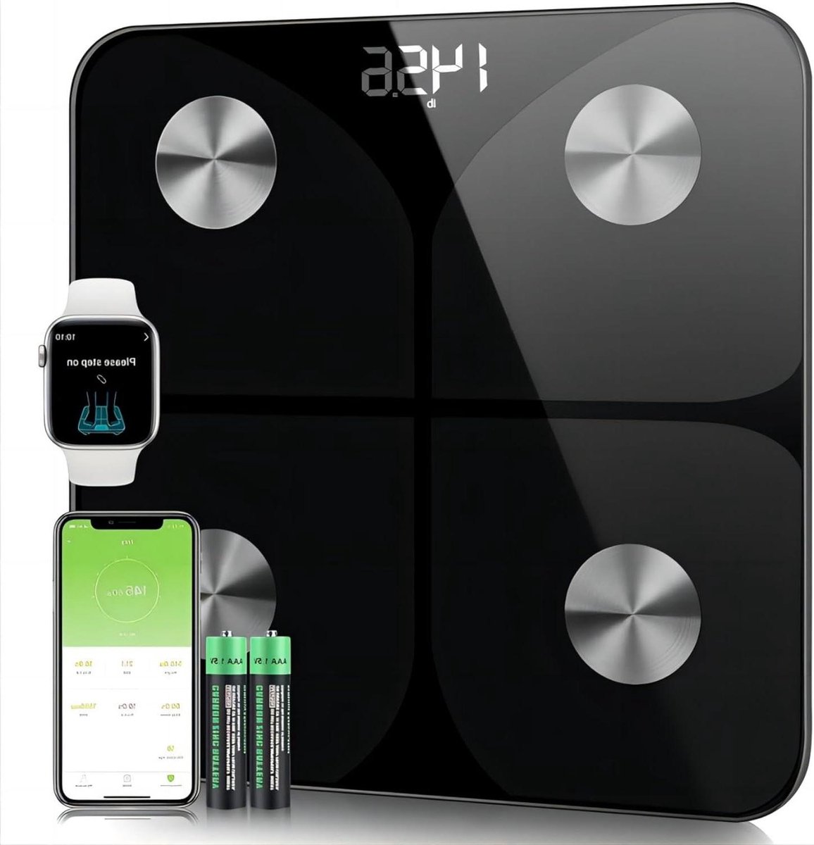 Weegschaal - Personenweegschaal impedantiemeter vetmassa water spiermassa BMI MB basismetabolisme glas zwart