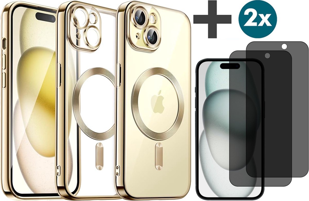 Hoesje met Privacy Screenprotectors 2 Stuks Geschikt voor iphone 15 Hoesje - Geschikt voor MagSafe - Arara siliconen Backcover - Goud