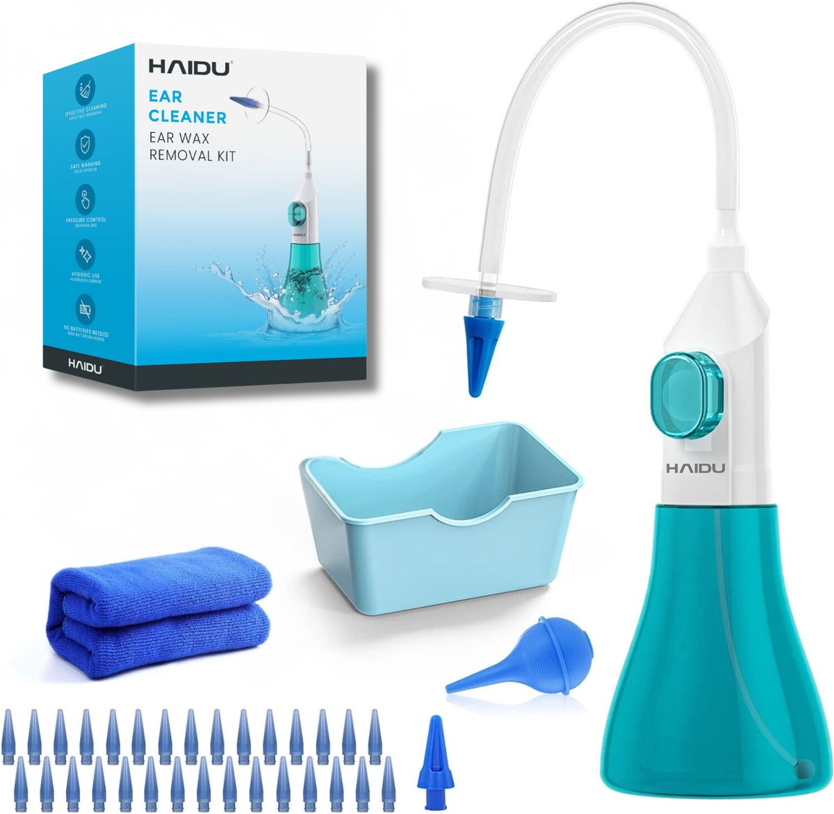 Goedkoopste HAIDU Oorreiniger Essential – Oorspuit Set – Oorsmeer verwijderen – Inclusief 30 oortips – Schoonmaakdoek – Opvangbak – 200ml Waterreservoir