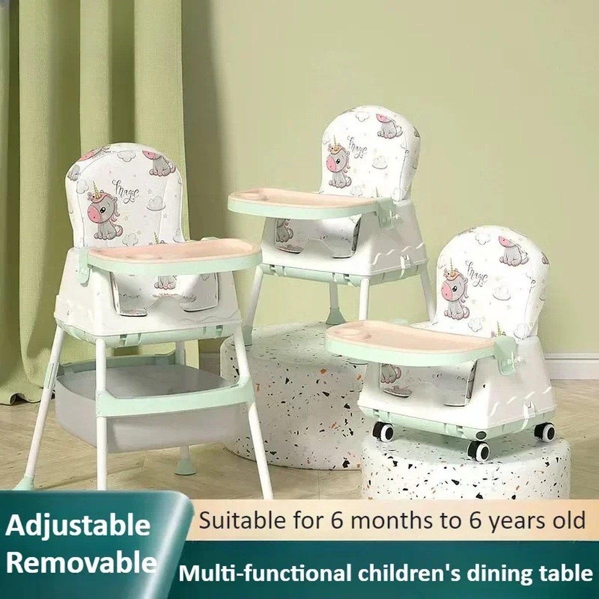 Image of 3-in-1 Babystoel voor Aan Tafel met Dienblad & Wielen & Opbergruimte, Groen Eenhoornkussen, Veelzijdige Kinder Eetstoel met Wieltjes - Meegroei Kinderstoel -Multifunctioneel Kind Stoel - Meegroeistoel - Verstelbaar in Hoogte, Opvouwbare Kinderstoel