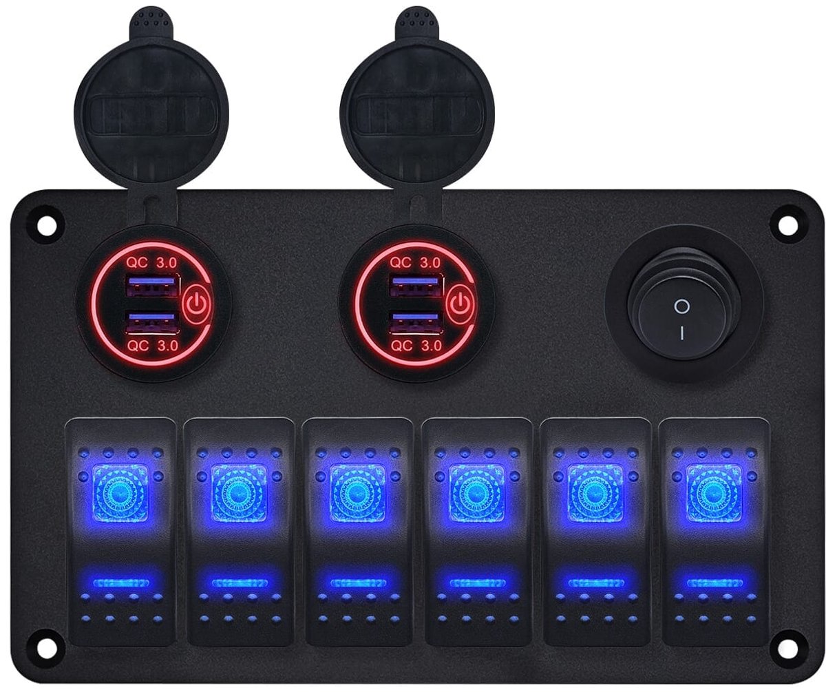 ProRide Schakelpaneel 12V voor Auto/Boot - USB Lader 4 Poorten met Schakelaar - QC3.0 - PUSB1QC-R - 6 Schakelaars