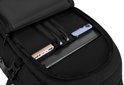 Binnenzijde van een zwarte rugzak met vakken voor een telefoon, powerbank en tablet.