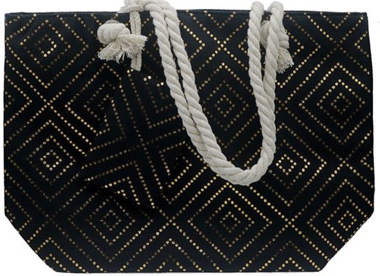 Strandtas - Zwart/Goudkleurig - Print - Stipjes - Ritssluiting - Met Extra Zakje - 50x35x15cm