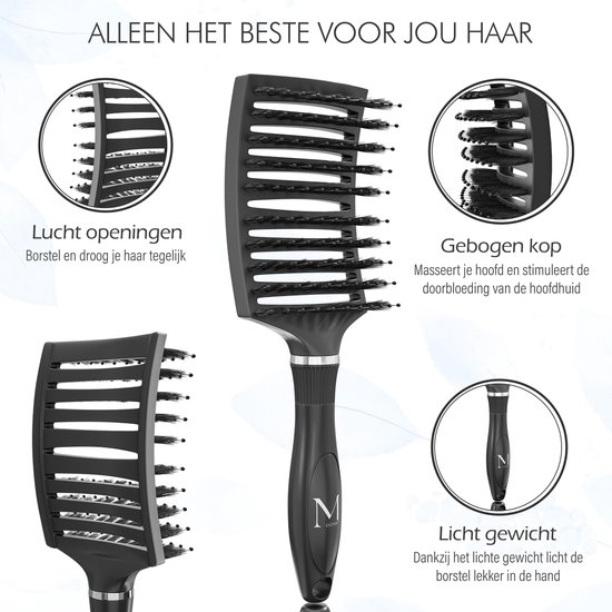 MOONIE'S® Brosse à cheveux anti-emmêlement - Brosse à cheveux - Courbe - Brosse à cheveux sèche-cheveux - Zwart
