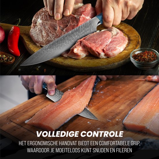 Master Knives Couteau de chef japonais professionnel 20 CM - Couteaux de cuisine en motif Damas de haute qualité - Couteaux de chef avec manche en bois époxy