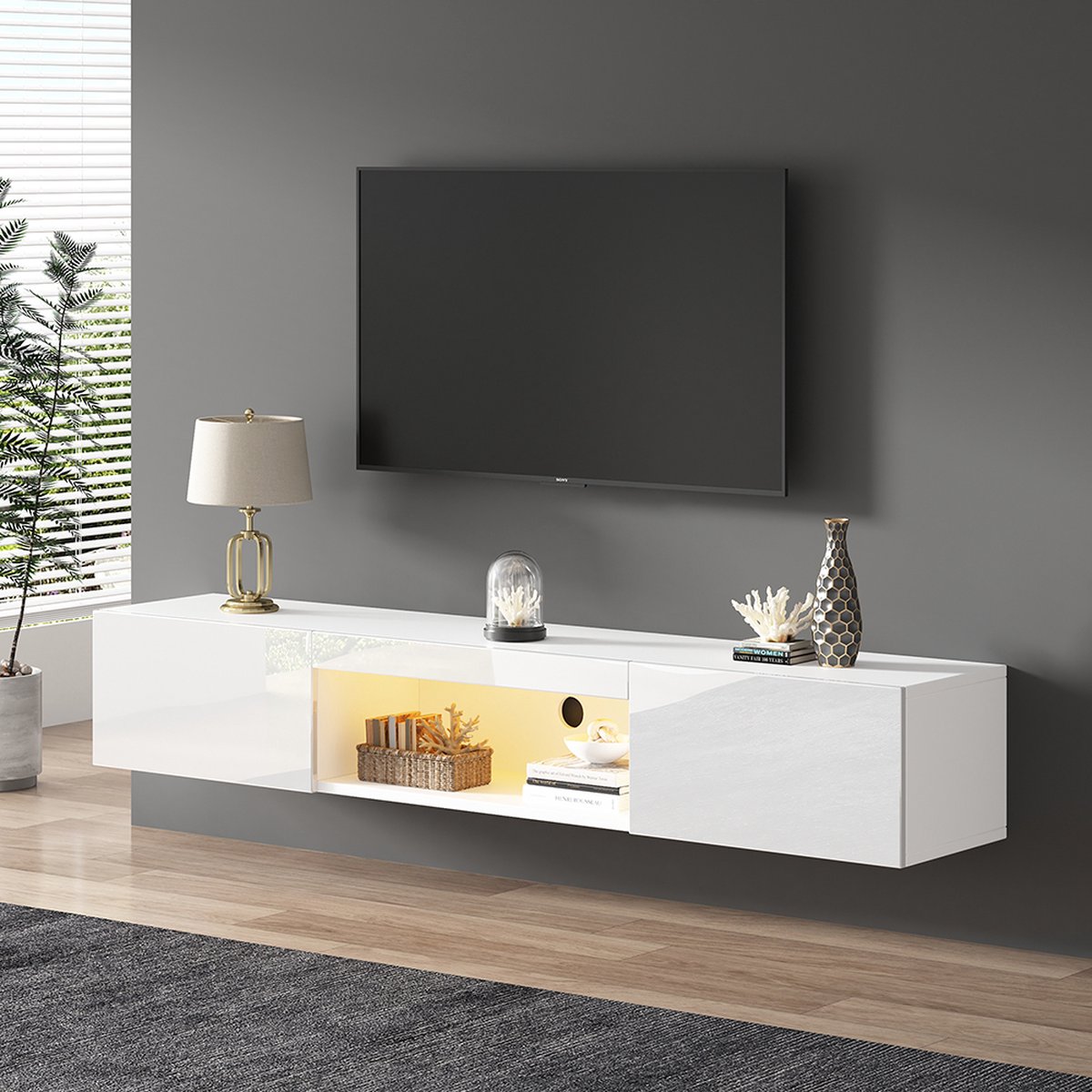 KOMHTOM TV Meubel 160x31x22 cm wit glanzend wandMeubell voor 70” TV LED verlichting Bluetooth APP bediening TV muurbeugel