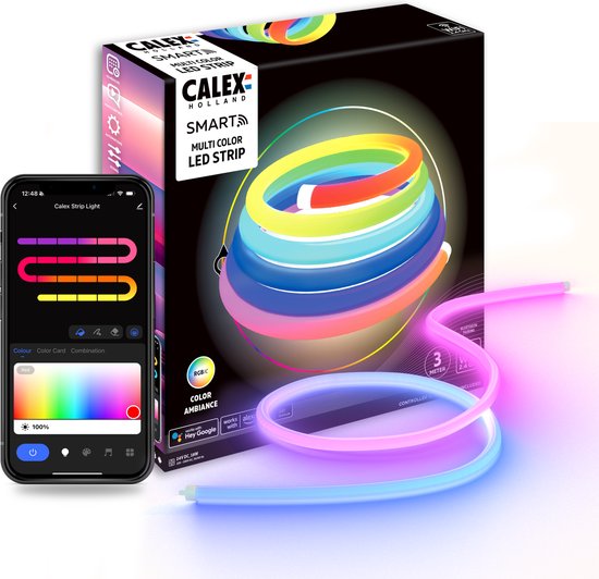 Calex Smart Neon Tube 360° - 3M Lichtstrip, RGBIC & Warm Wit, 16 Miljoen Kleuren, IP44, Binnen/Buiten, App Bedienbaar, Schemafunctie, Spraakbesturing - LED Strip, Neon Lichtsnoer, Smart Verlichting