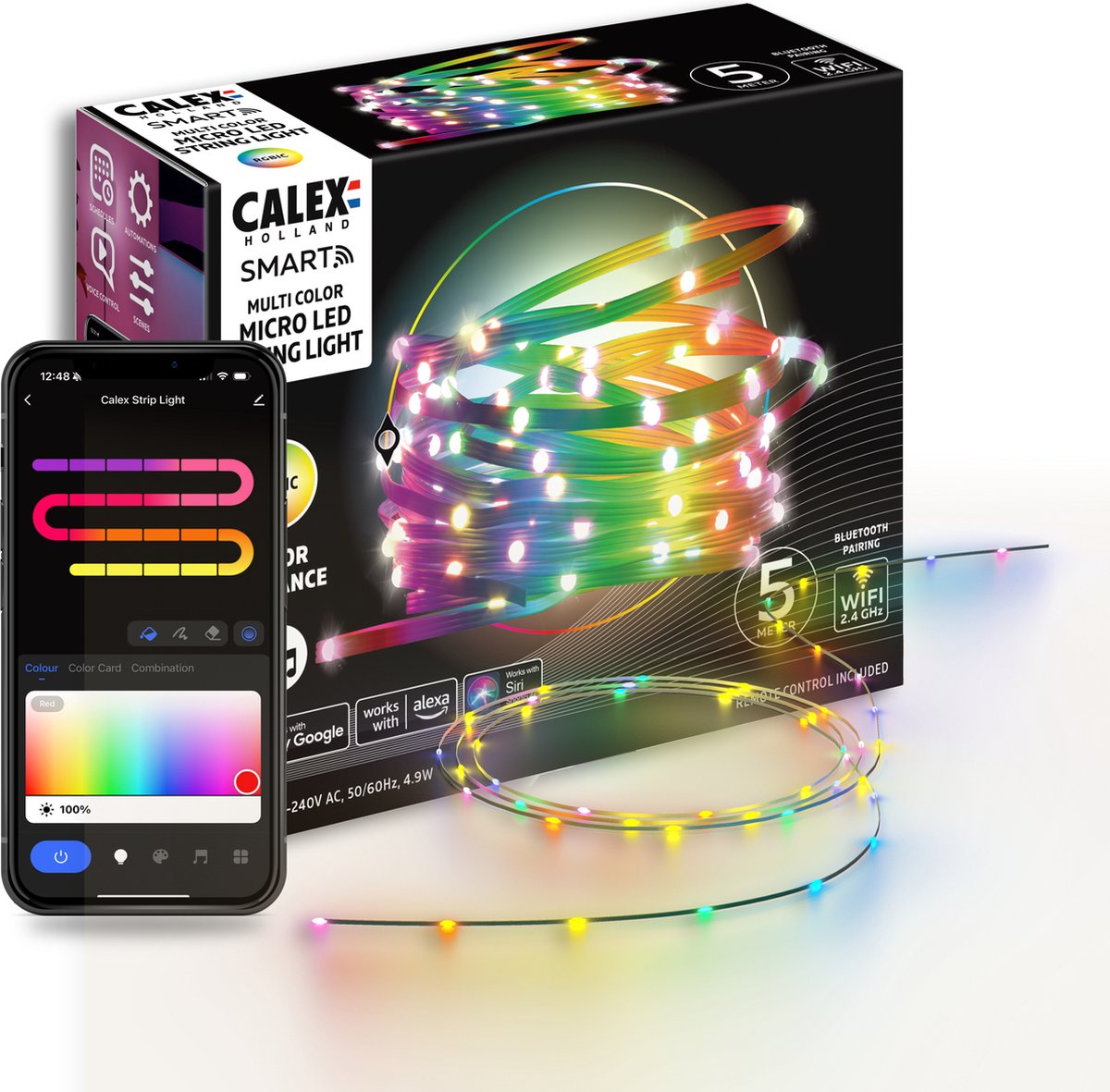 Calex Smart Micro LED Strip - 50 LEDs - Geschikt als Kerstverlichting - 5M - RGBIC - 16 Miljoen Kleuren - App Bedienbaar - Smart Lichtsnoer - Kerstverlichting