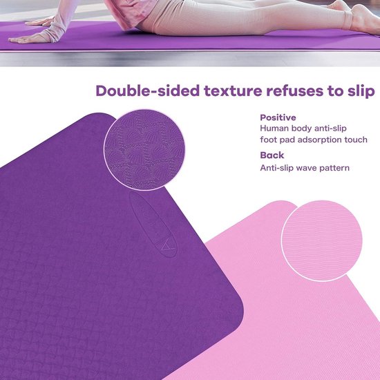 Antislip TPE yogamat met draagriemen voor dames en heren - pilates stretching thuisgymnastiek - 183 x 61 x 0.6 cm — afbeelding 2