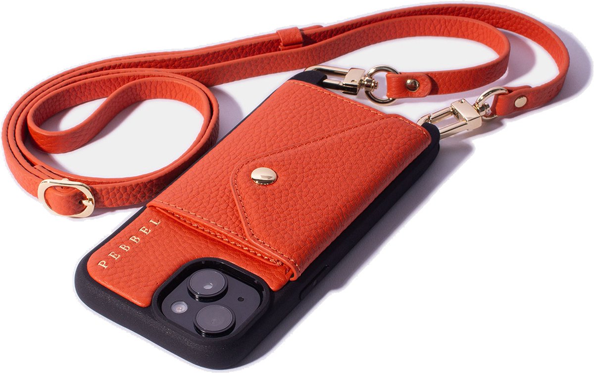 Pebbel Crossbody Hoesje Orange - Geschikt voor iPhone 16 - Luxe Hoesje met Koord - Echt Italiaans Leer - Pasvakje