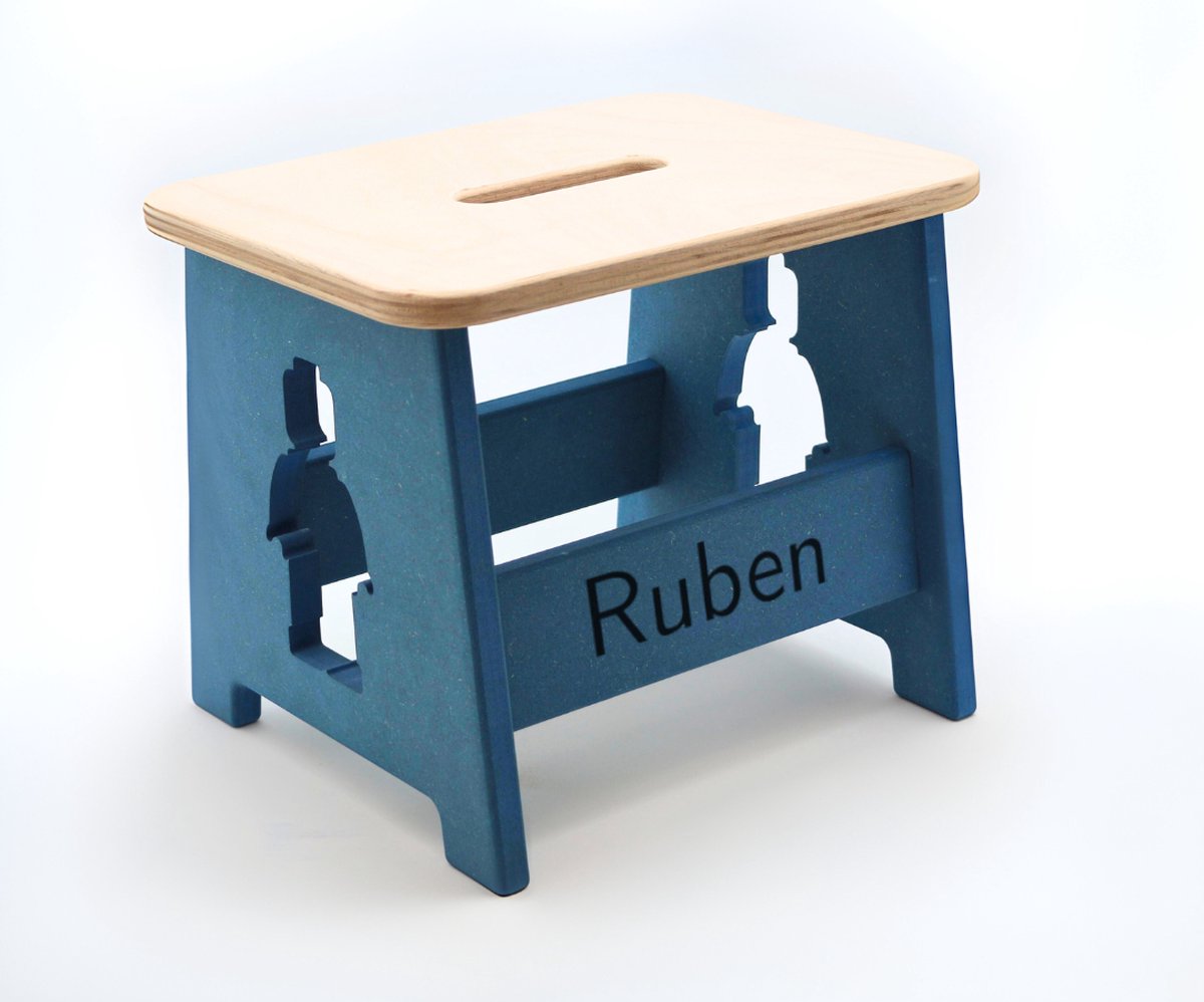 Houten kruk voor kinderen met eigen naam - Kinderkruk - Opstapje - Blauw - Lego man - Gepersonaliseerd cadeau