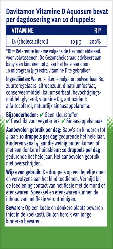 Davitamon vitamine D Aquosum – bevat vitamine D3 - vitamine D baby op waterbasis - 25 ml