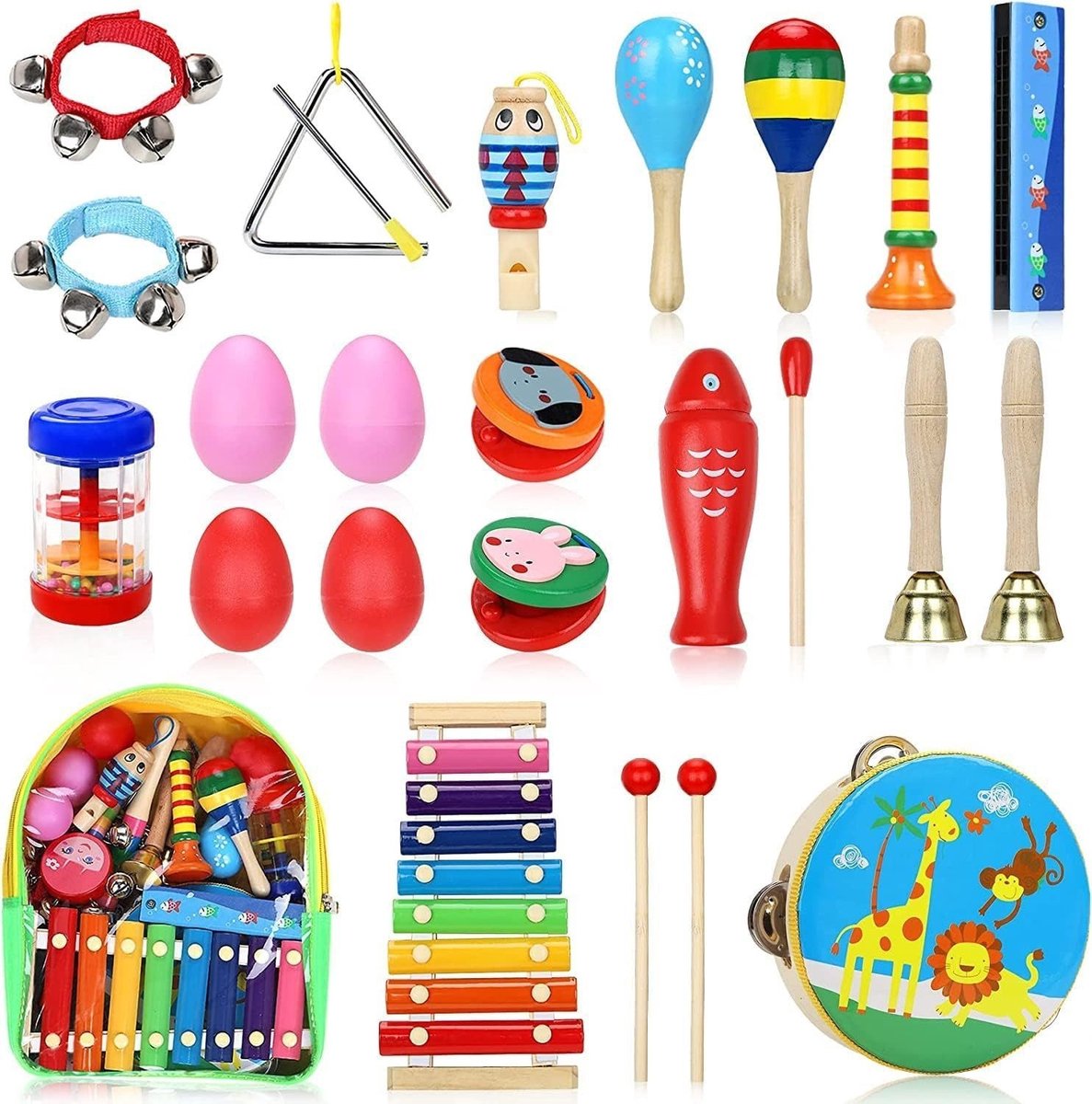 Ophy Speelgoed Muziekinstrument 25 Stuks Percussie Houten Speelgoed (Speelgoed Muziekinstrument 2-in-1 Montessori Houten Muziekspeelgoed) Montessori Speelgoed Kinderspeelgoed Cadeaus vanaf 3 jaar