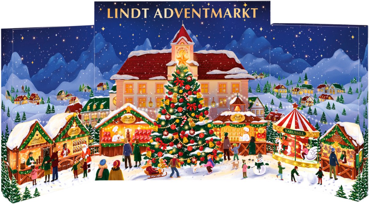 Lindt Chocolade Adventskalender Kerstmarkt 304 gram - Unieke openklapbare chocolade adventskalender - Extra groot - 24 chocolade verrassingen