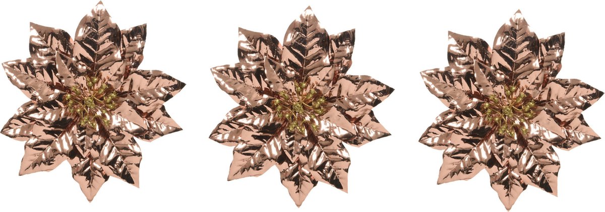Decoris Kerstboom bloem - 6x stuks - op clip - koper - glitter - 24 cm - kunststof - kerstster - kerstversiering