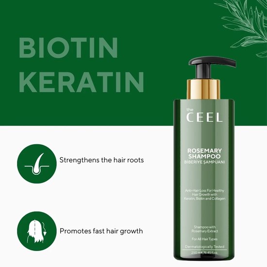 Fles The Ceel Rozemarijn Shampoo met pictogrammen die haargroei en haarwortels versterken.