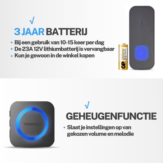 Transnect® - draadloze deurbel - draadloos - deur bel - deurbellen - wireless doorbell - ip44 waterdicht -met ontvanger - zwart — afbeelding 5