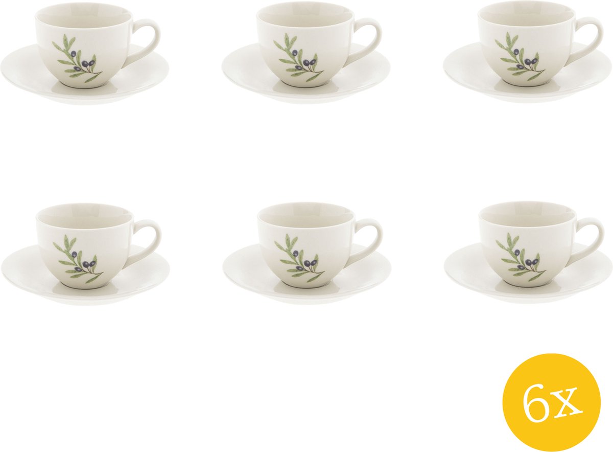 Clayre & Eef Kop en schotel set van 6 stuks schotel 200 ml Beige Blauw Keramiek Rond Olijftak Servies