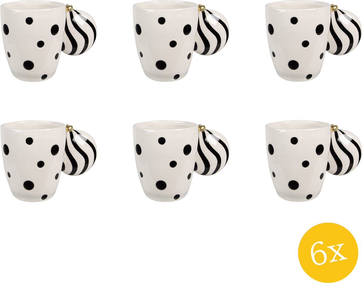 Clayre & Eef Mok 350 set van 6 stuks 350 ml Wit Zwart Keramiek Drinkbeker