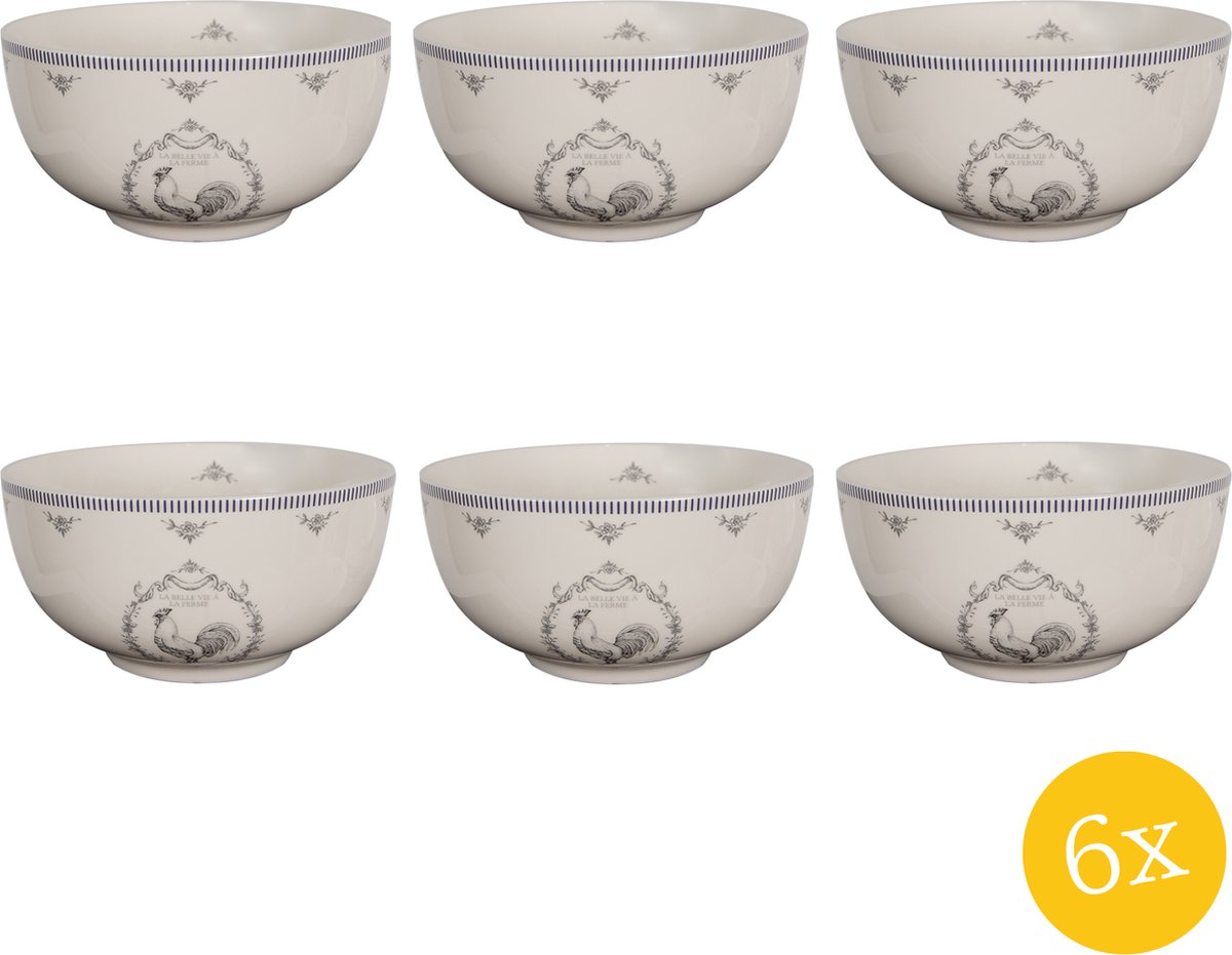 Clayre & Eef Soepkom set van 6 stuks 500 ml Wit Grijs Porselein Haan Serveerkom