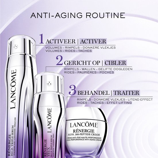 Lancôme anti-aging routine met drie producten: serum, oogcrème en dagcrème. Nummers 1, 2, 3 geven de stappen aan: activeren, richten, behandelen.