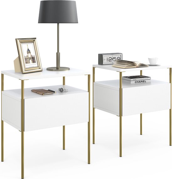 Vicco Table de chevet Mira, Wit/ Or, 40 x 50 cm Set de 2