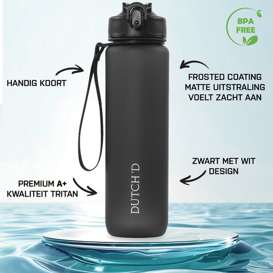 LEEPAT Waterfles met rietje, 1 liter, motiverende fitness- en