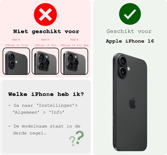 Geschikt voor iPhone 16, niet voor iPhone 16 Plus, Pro of Pro Max. Instructies voor iPhone-modelidentificatie.