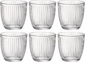 Six verres Bormioli Rocco transparents avec côtes verticales, disposés en deux rangées de trois, sur fond noir.
