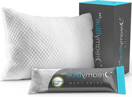 DreamyBlue Premium kussen om te slapen - Geraspte Memory Foam Fill [Verstelbare Loft] Wasbare hoes van bamboe afgeleid Rayon - voor zij-, rug-, buikslapers - CertiPUR-US gecertificeerd