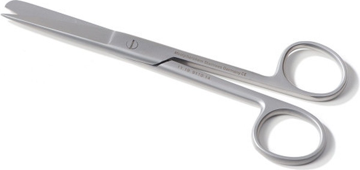Goedkoopste Chirurgische schaar spits/stomp recht Lengte 11 cm Medipharchem - Hoogwaardig gematteerd RVS - Gehard, roestvrije staalsoort (410/420) - spits / stomp