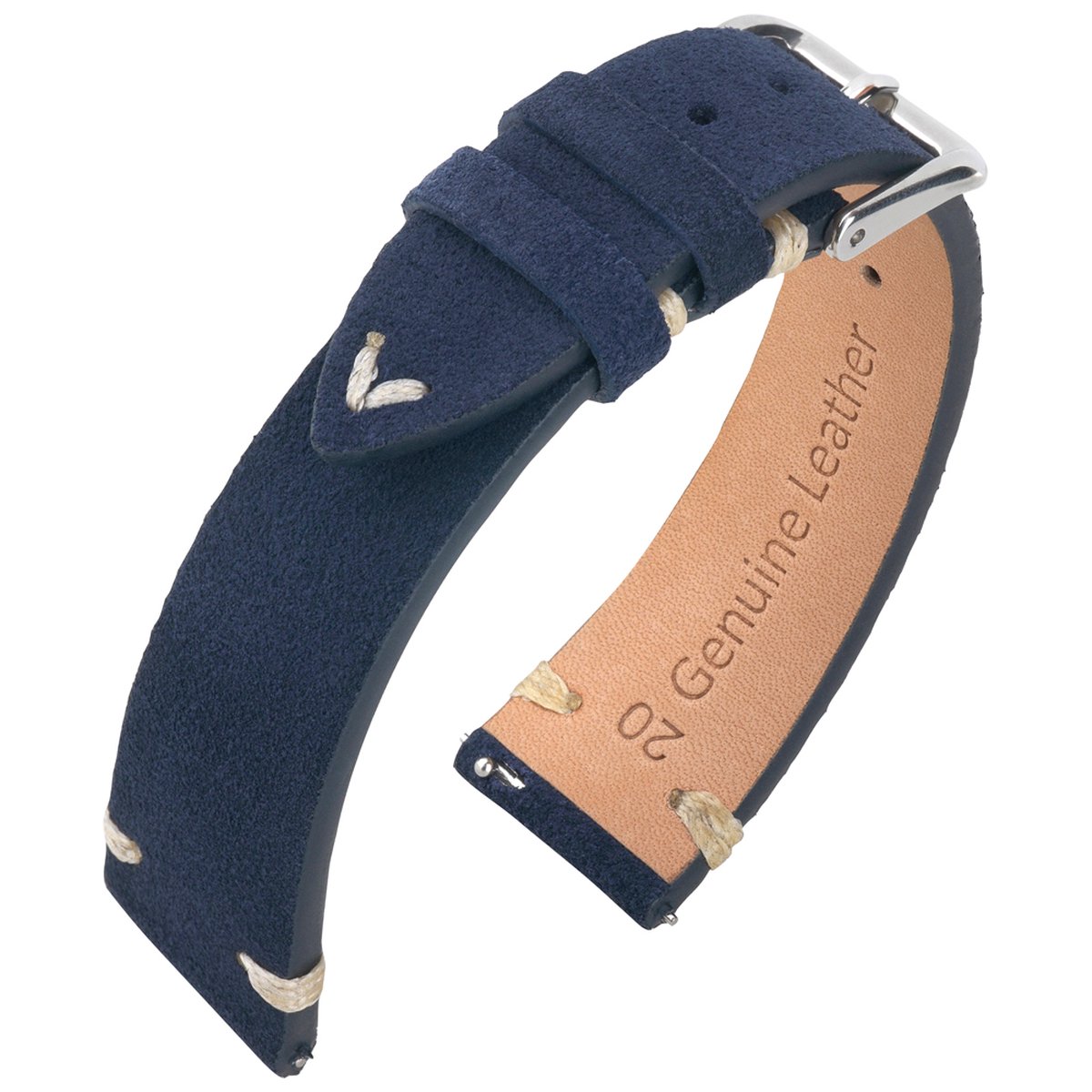 Suede Vintage Lederen V-Stitch Horlogebandje - Makkelijk Zelf te Monteren - Blauw 19mm