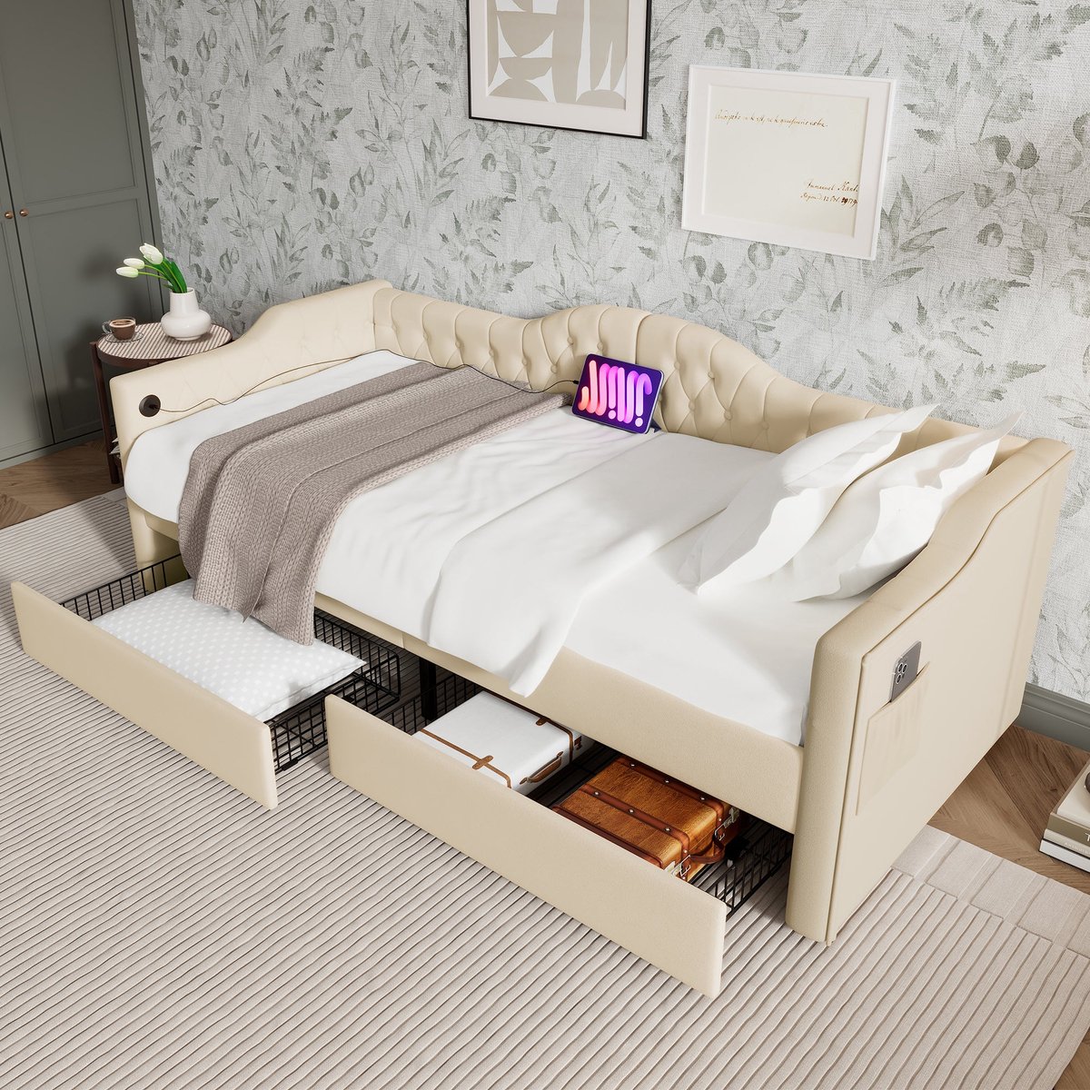 Merax Luxe Slaapbank 90x200 cm - Bed met 2 Opberglades - Velvet Gestoffeerd Eenpersoonsbed met USB-C Aansluiting - Beige