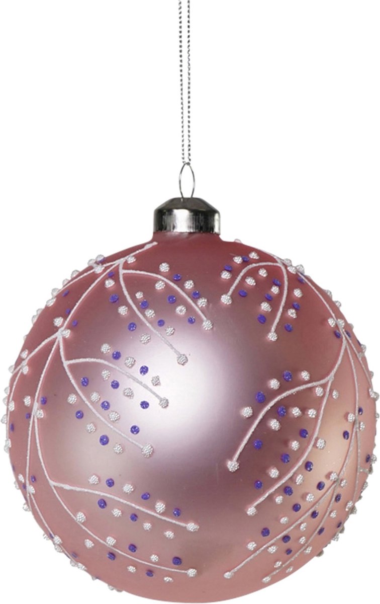 Dekoratief | Hanger kerstbal m/takjes, roze/wit, glas, 8x8x8cm | A239047