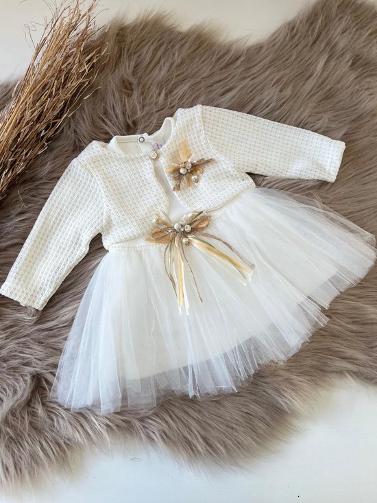 Foto: Luxe feestjurk bruidsjurk doopjurk doopkleding bruidsmeisjes doopsel bruiloft verjaardag fotoshoot tule jurk met effen jasje baby jurk tweedelige set effen katoenen jurk sierstrikjes steentjes wit ivoor goud kleur maat 86 12 tem 18 maanden