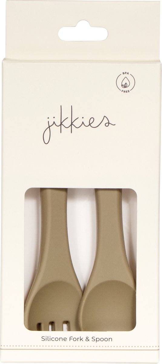 Jikkies® - Siliconen Kinderbestek Set - Peuter Bestek - Lepel & Vork - Olijf Groen - Veilig - Getest op EN-norm - Duurzaam - Kindvriendelijk - 100% Siliconen - Vaatwasserbestendig - Magnetronbestendig - Oefenbestek - Ergonomisch bestek van Jikkies — afbeelding 2