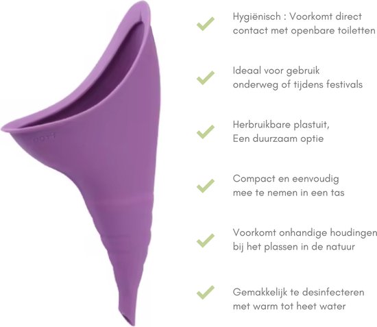 Paarse plastuit met tekst over hygiëne en gebruik.