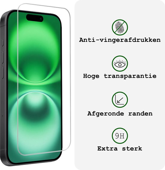iPhone 16 screenprotector: anti-vingerafdruk, hoge transparantie, afgeronde randen en extra sterk.