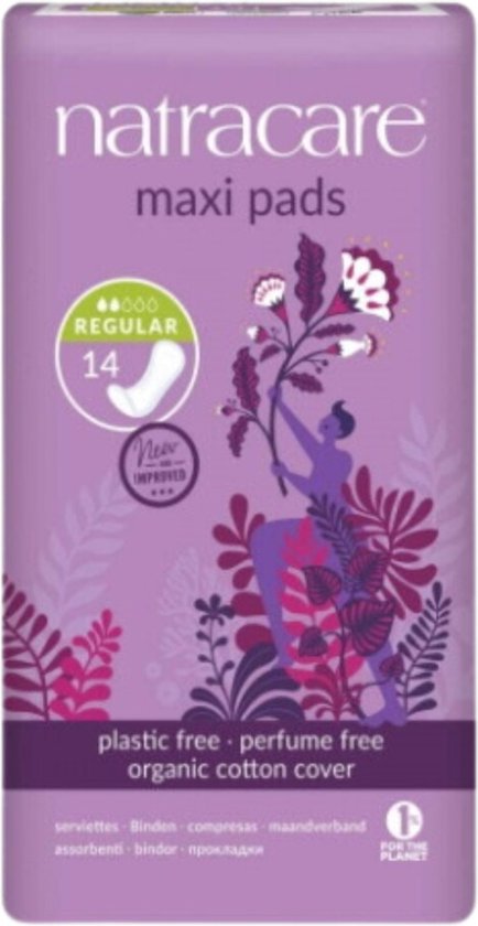 Paarse Natracare maxi pads verpakking met plantenprint en 'New Improved' tekst