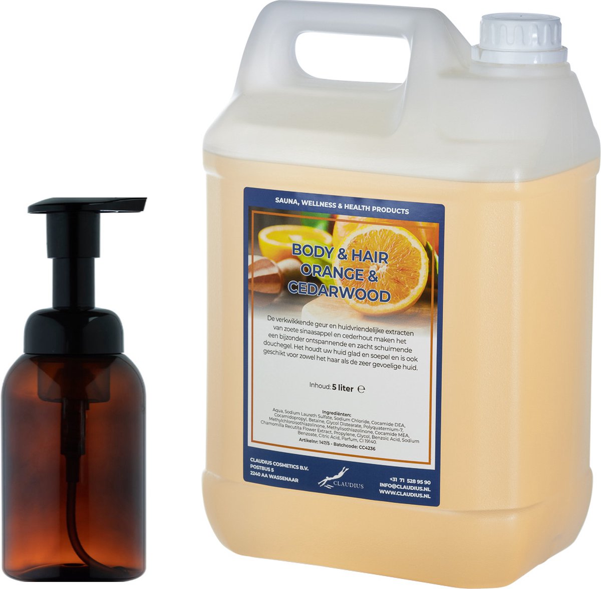 Goedkoopste Zeepdispenser 300 ml amber bruin hervulbaar 5 liter Body & Hair Sweet Orange & Cedarwood navulling