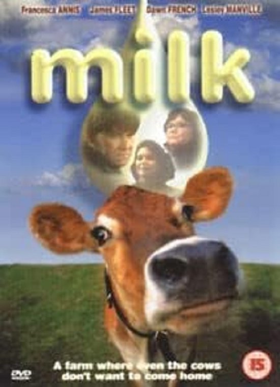 Film "milk" met close-up van een koe, gezichten in een melkdruppel erboven, slogan: Een boerderij waar zelfs de koeien niet thuis willen komen.