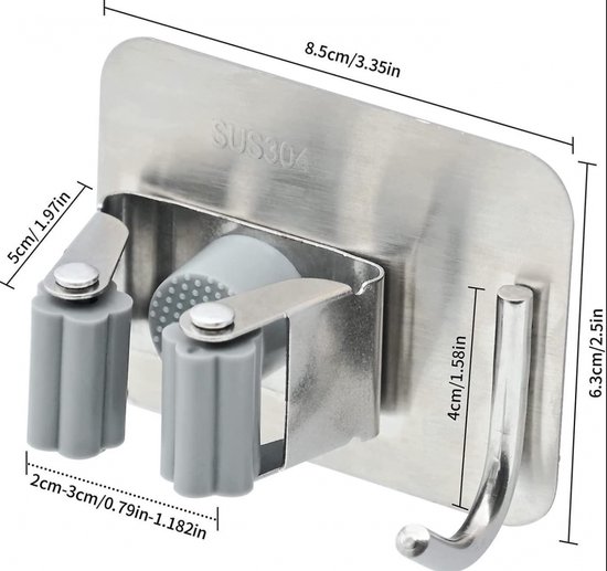 Bezemhouder - 4 stuks - Zelfklevend - RVS - Bezem Ophangsysteem - Op Muren - voor keuken, tuin, badkamer, garage, balkon, kantoor, grijs - Ophangsysteem Tuingereedschap - Bezem houder - Hanger van Home&Co. — afbeelding 5