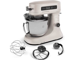 Klarstein Chiara 1600W Keukenmachine – 5L roestvrijstalen kom, 12 snelheden, LCD-touchdisplay, Stil ≤72 dB, Vaatwasserbestendige patisserieset, Aluminium spuitgietbehuizing, Zand