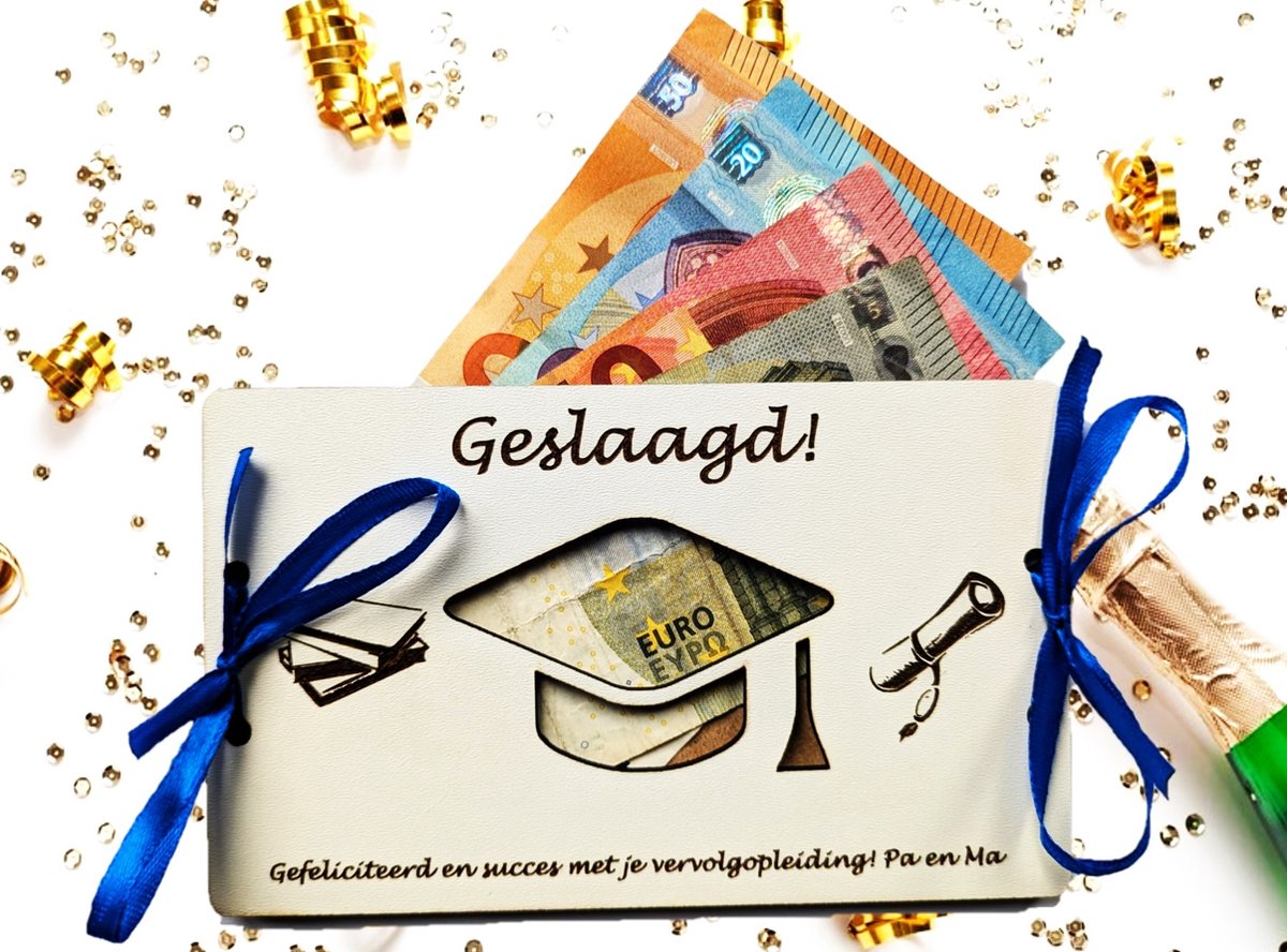 Geld Cadeaukaart Geslaagd - Eigen Tekst - Gepersonaliseerd - 14 varianten - MDF wit 3mm - Geslaagd cadeaus - gepersonaliseerd cadeau - geslaagd cadeau diploma - geslaagd kaart - diploma uitreiking cadeau - oorkonde - geldkaart