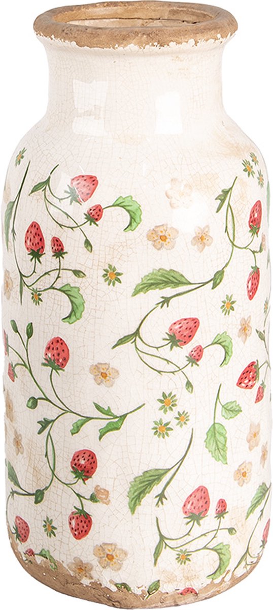 Clayre & Eef Vaas Ø 15x32 cm Beige Rood Keramiek Aardbeien