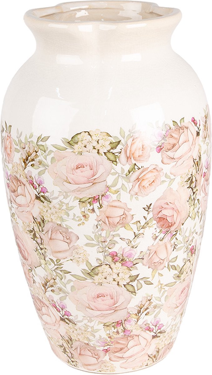 Clayre & Eef Vaas Ø 21x37 cm Beige Roze Keramiek Rozen