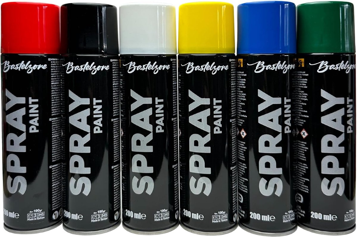 Spuitverf set: 6 kleuren elk 200 ml. Sneldrogende graffiti-spuitbussen voor hout, steen, metaal, glas. Zwart, wit, blauw, groen, rood, geel